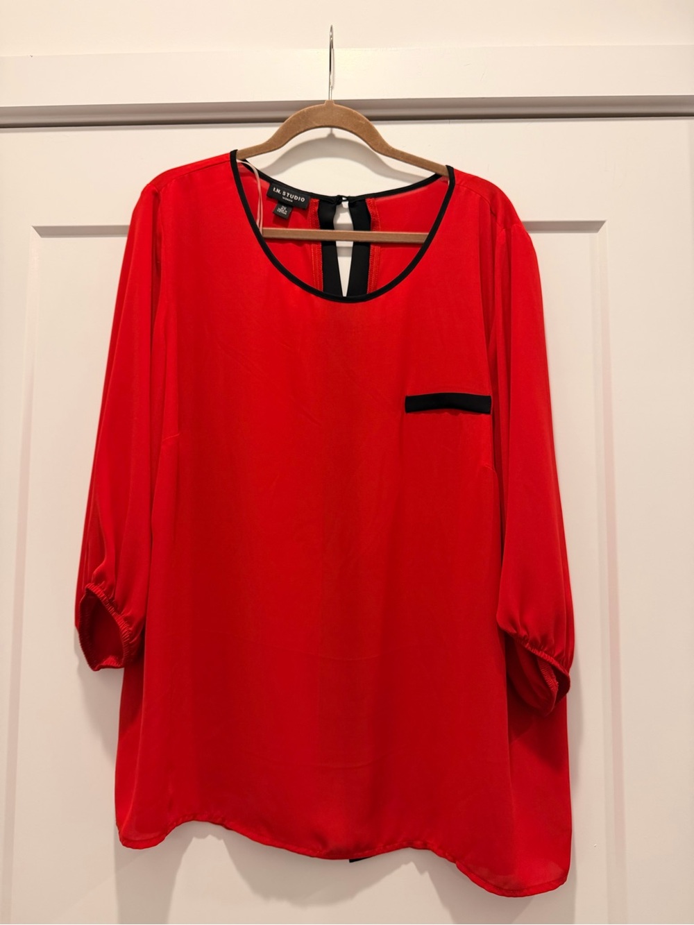 I.N. Studio Red Blouse with Black Trim Detail